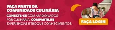 Banner da Comunidade Culinária com texto sobre compartilhar experiências, imagem de pessoa e botão “Faça login”.