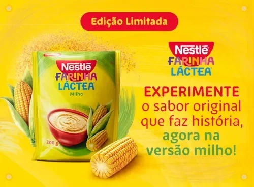Embalagem Farinha Láctea Milho com espigas de milho e chamada para experimentar a edição limitada.
