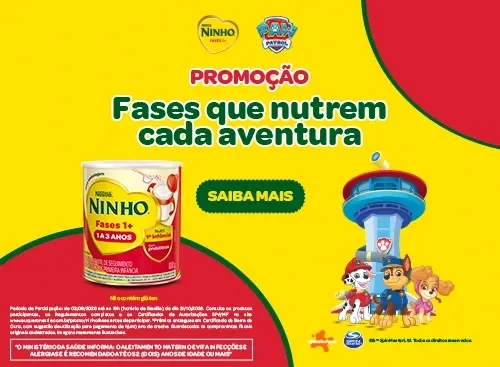 Banner da promoção NINHO Fases com personagens da Patrulha Canina, lata do produto e botão “Saiba mais”.