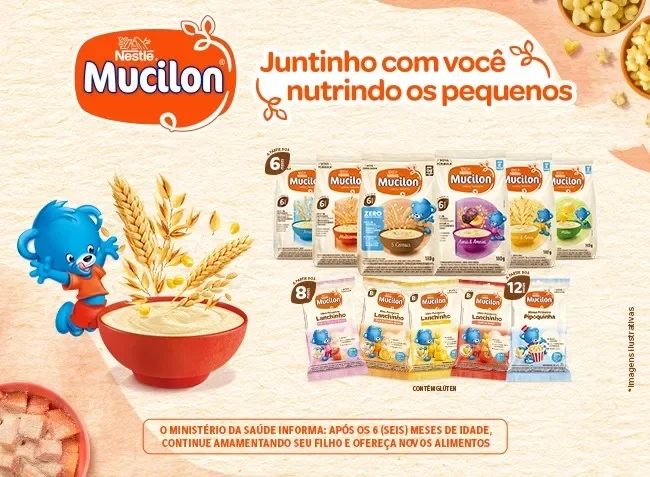 Banner Mucilon com cereais infantis, mascote azul, tigela de mingau e slogan sobre nutrir os pequenos