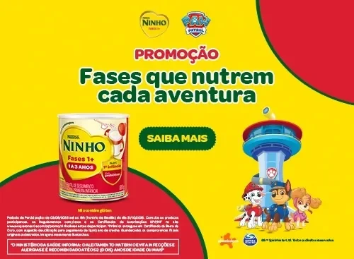 Banner da promoção NINHO Fases com personagens da Patrulha Canina, lata do produto e botão “Saiba mais”.