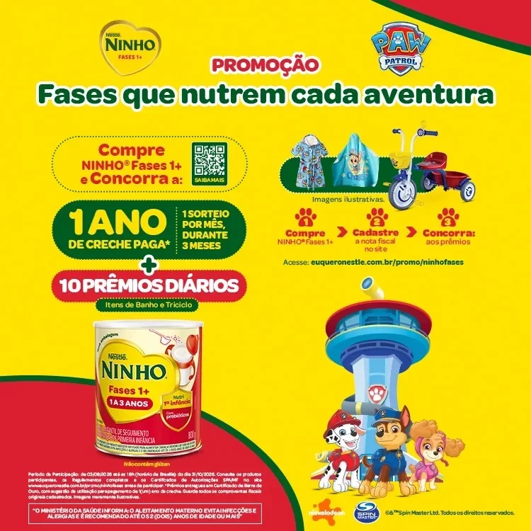 Banner da promoção NINHO Fases com personagens da Patrulha Canina, lata do produto e botão “Saiba mais”.