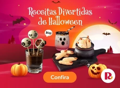 Receitas divertidas de Halloween com doces temáticos, fantasmas, abóboras e decoração em tons de vermelho e laranja.
