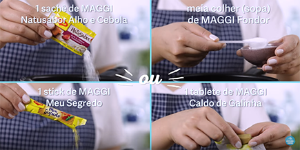 Quatro quadros mostram pessoa jogando diferentes temperos Maggi no arroz